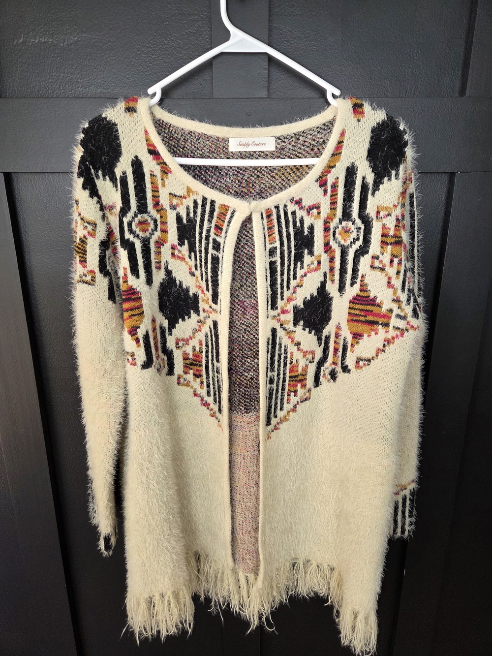Simply Couture Cream Open-Front Aztec Cardigan with Fringe